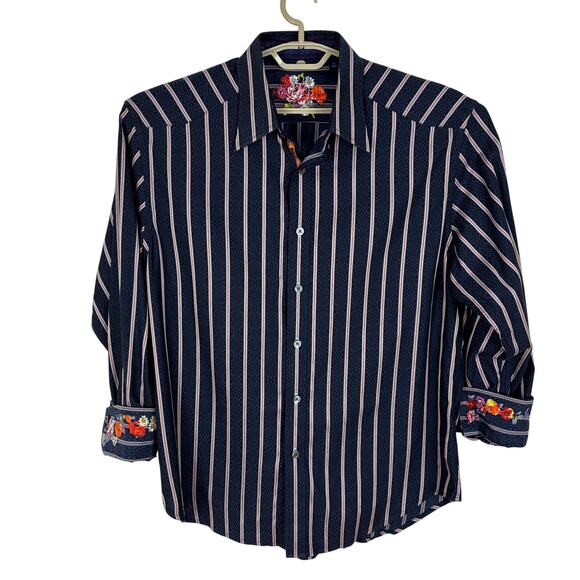 Robert Graham Flip Cuff Floral Embroidered Blue Striped Button Shirt XL cotton - Picture 1 of 11